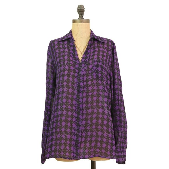 Larsen Gray Button Up Top Size M Long Sleeve Chiffon Purple Black NWT  A1 - Picture 1 of 4